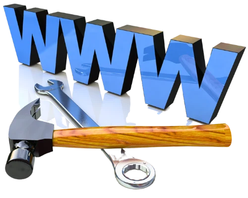 La World Wide Web acompañada de un martillo y una llave fija metálica